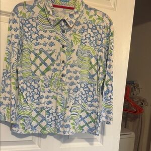 J. McLaughlin Blue and Green Button Down Top with Notched Collar